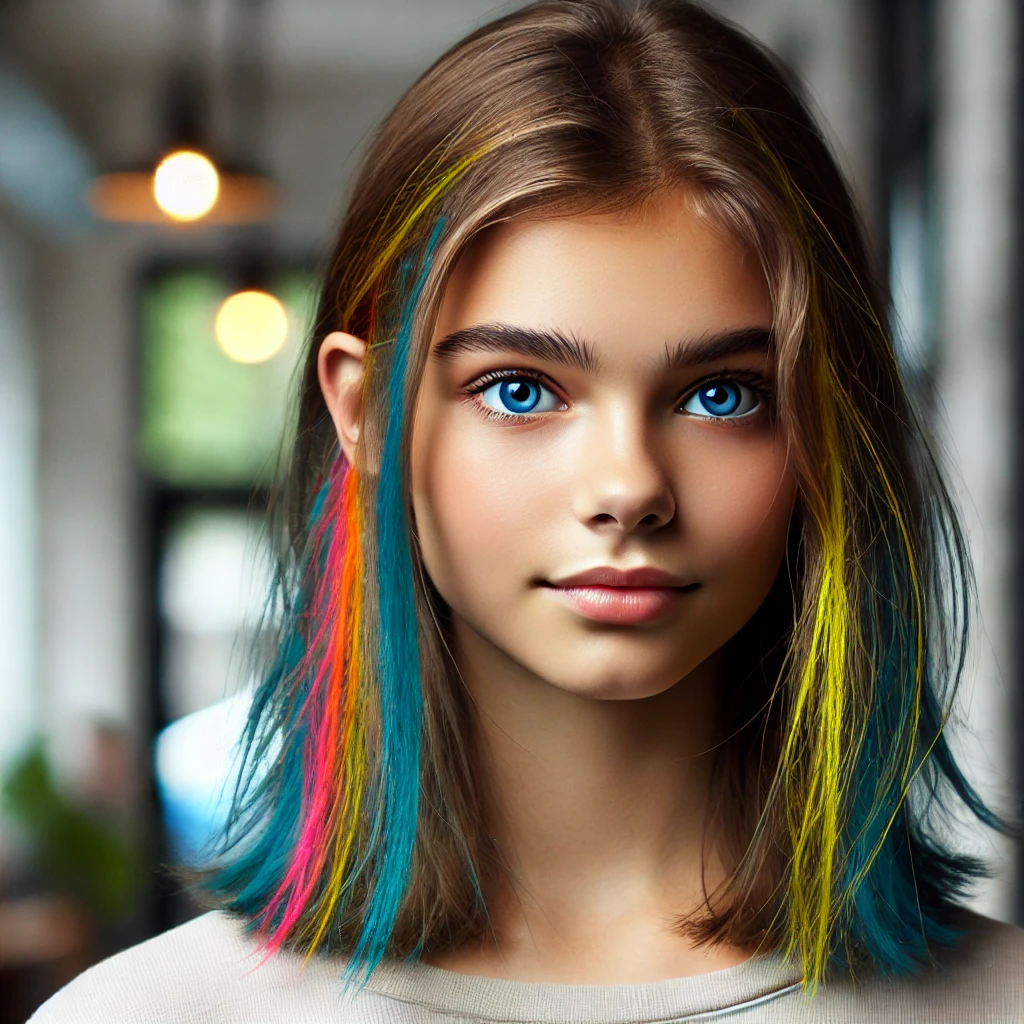 DALL·E 2024-10-17 20.35.30 - A teenage girl with a thinner face, higher cheekbones, and shorter hair with touches of color scattered throughout her hair. The colors include vibran